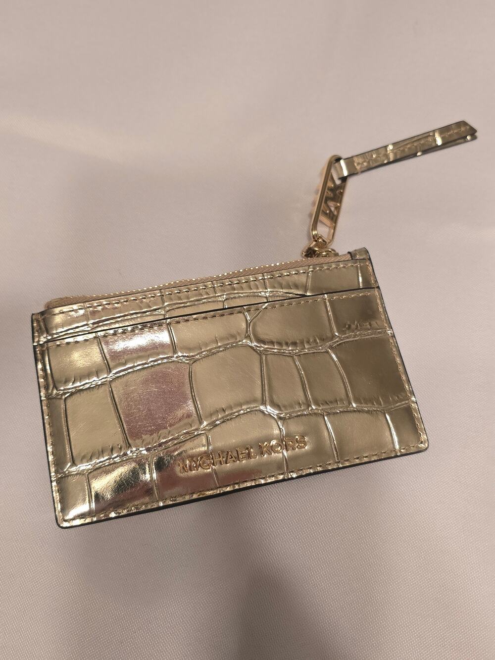 Michael Kors Empire Crocodile Embossed Leather Zip Card Case Pale Gold